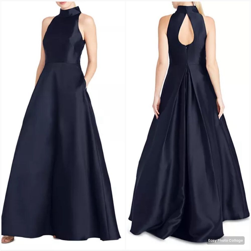 Monique Lhuillier High Neck Evening Gown Dress Navy 12 Pockets